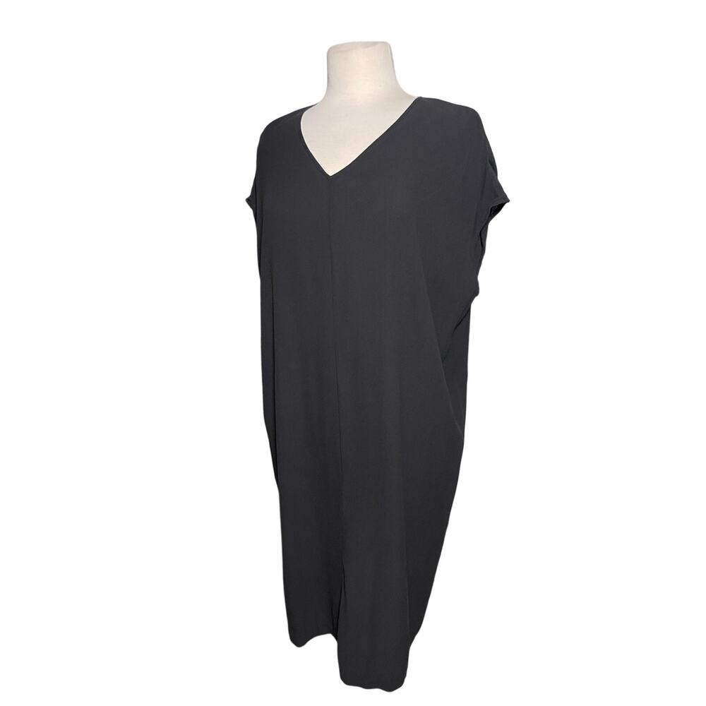 EILEEN FISHER Women’s Black Silk Vneck Sleeveless Shift Mini Dress - Picture 3 of 4